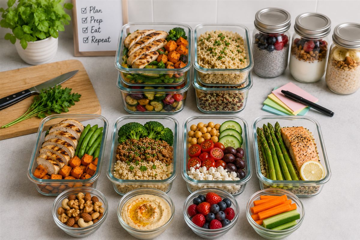 Prepped vegetables and proteins stored in clear containers make assembling healthy meals effortless
