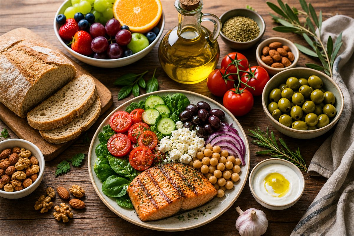 Olive oil, legumes, and abundant vegetables form the foundation of Mediterranean eating