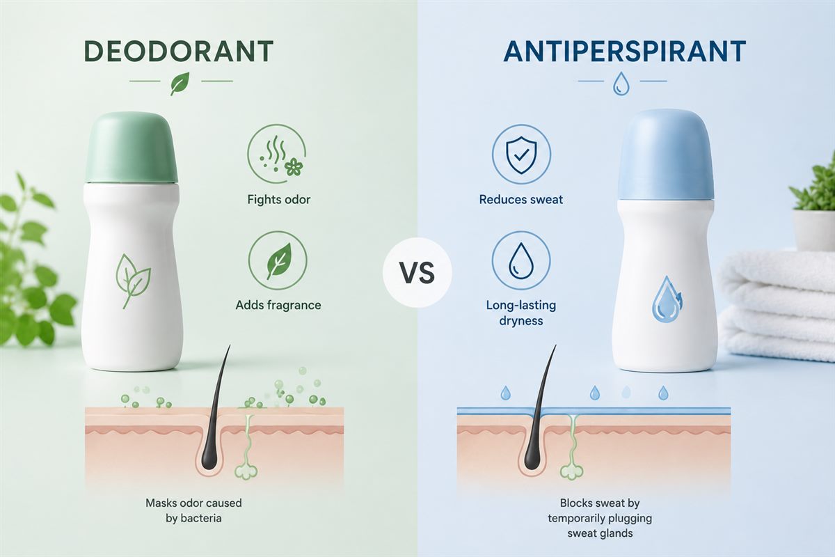 Antiperspirants reduce sweat production while deodorants mask or prevent odor